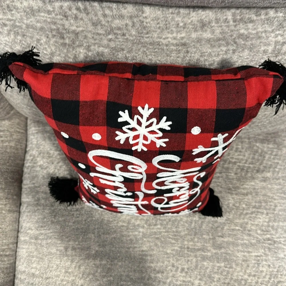Merry Christmas Embroidered Holiday Themed Buffalo Plaid Throw Pillow.